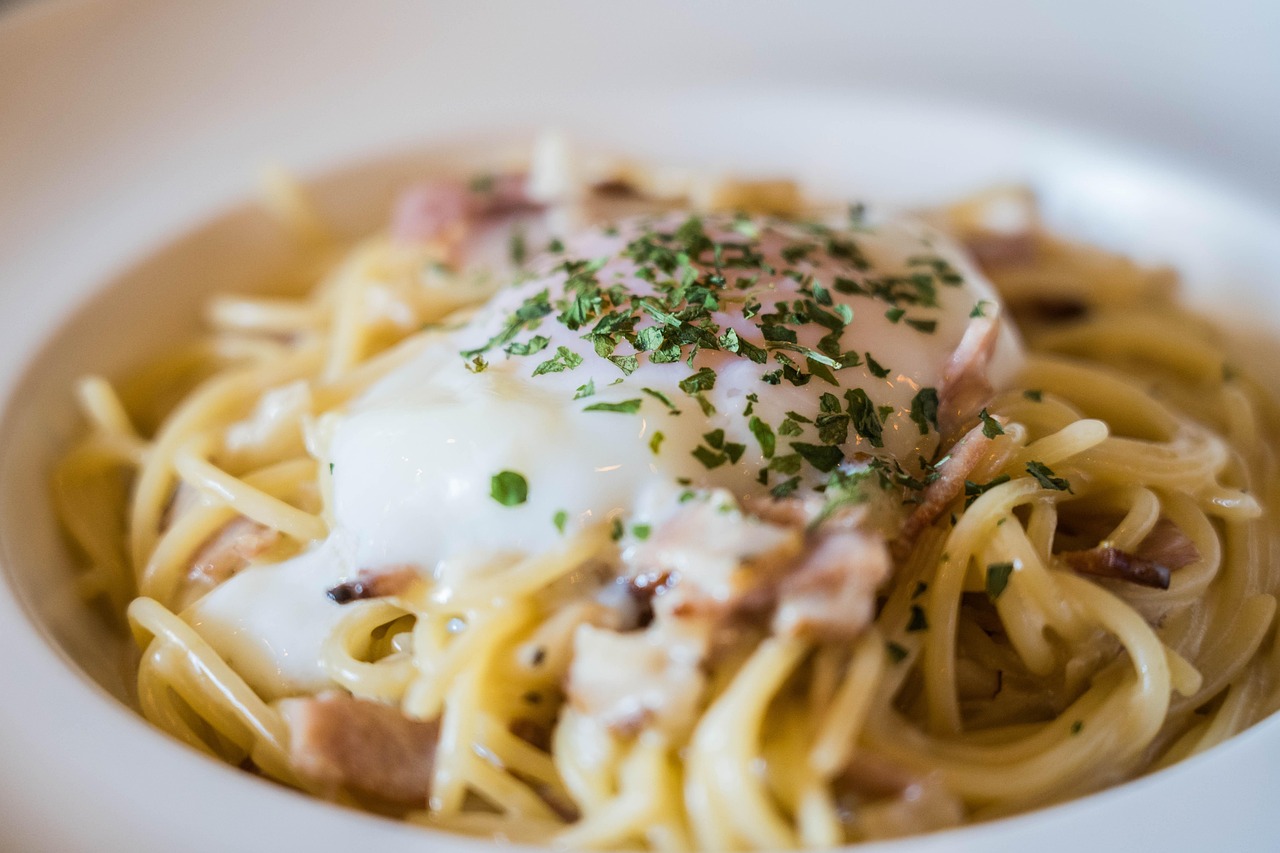 spaghetti with white sauce and egg